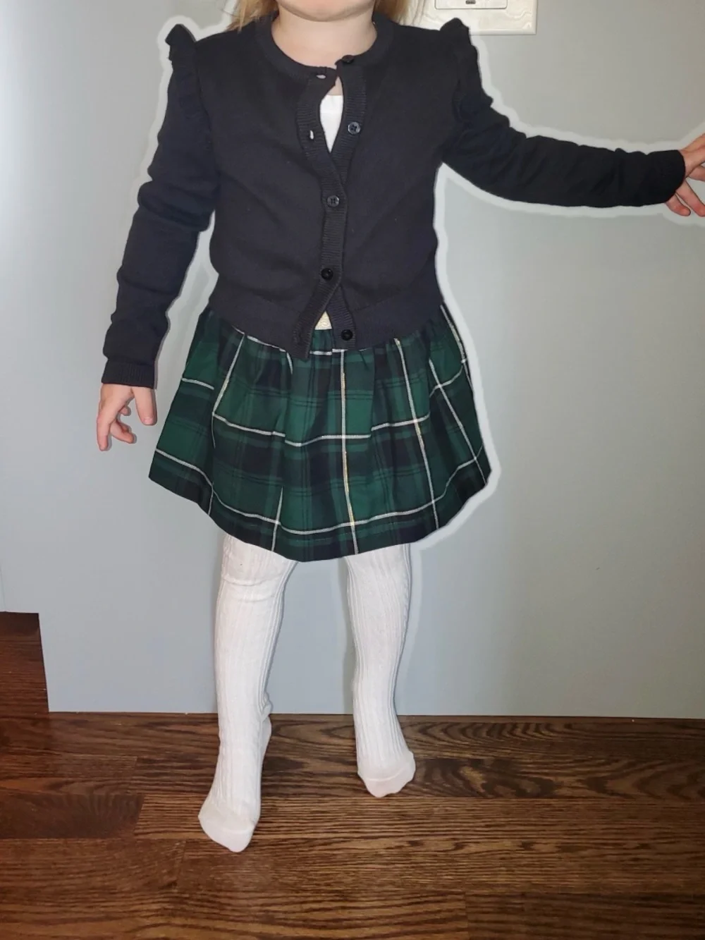 Girls Black Cardigan with Green Plaid Skirt Set